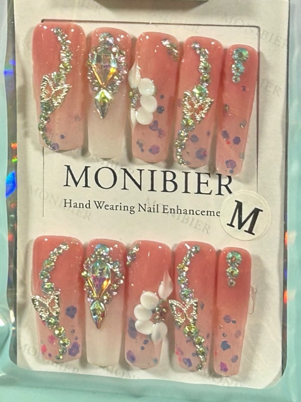 Luxury Glam PressOn Nails Peach Rhinestone 3D Floral Glitter Confetti Long Sq.